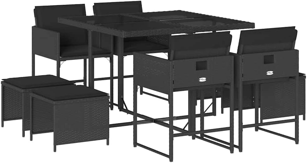 Ensemble de Jardin en Résine Tressée Noire, Table en Verre avec Chaises et Tabourets pour Terrasse