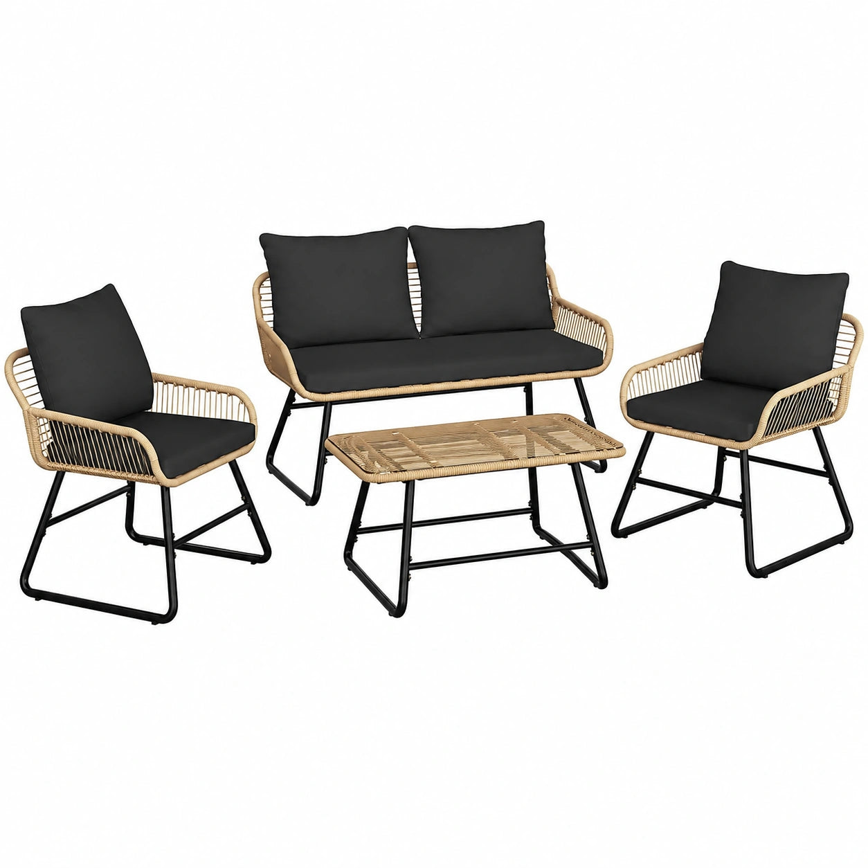 Ensemble de Salon de Jardin 4 Pièces avec Table en Verre pour Terrasse