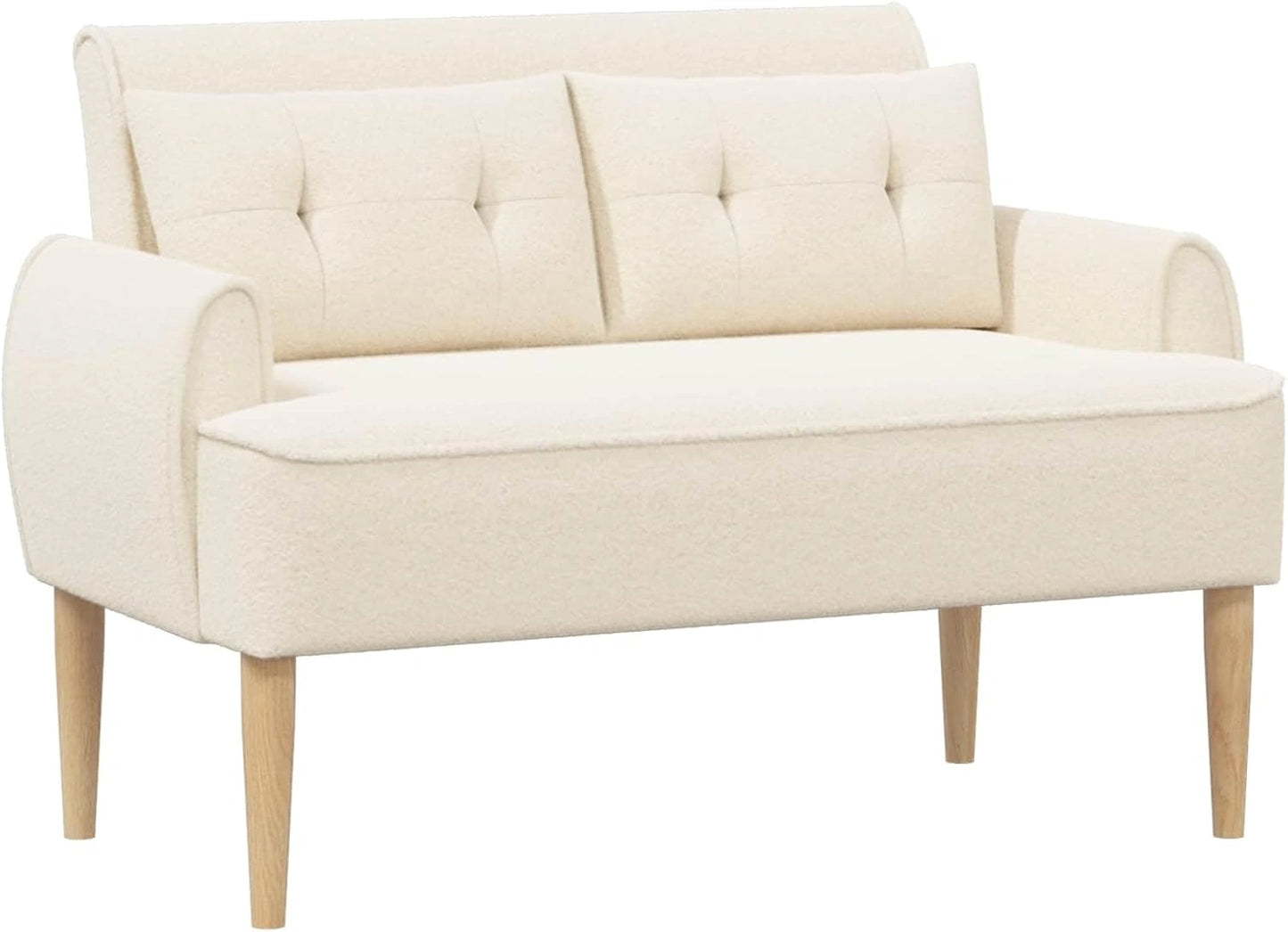 Canapé Loveseat 2 Places Tissu Bouclé Crème avec Pieds Bois, Élégant pour Salon ou Bureau, 117 x 67 x 77 cm