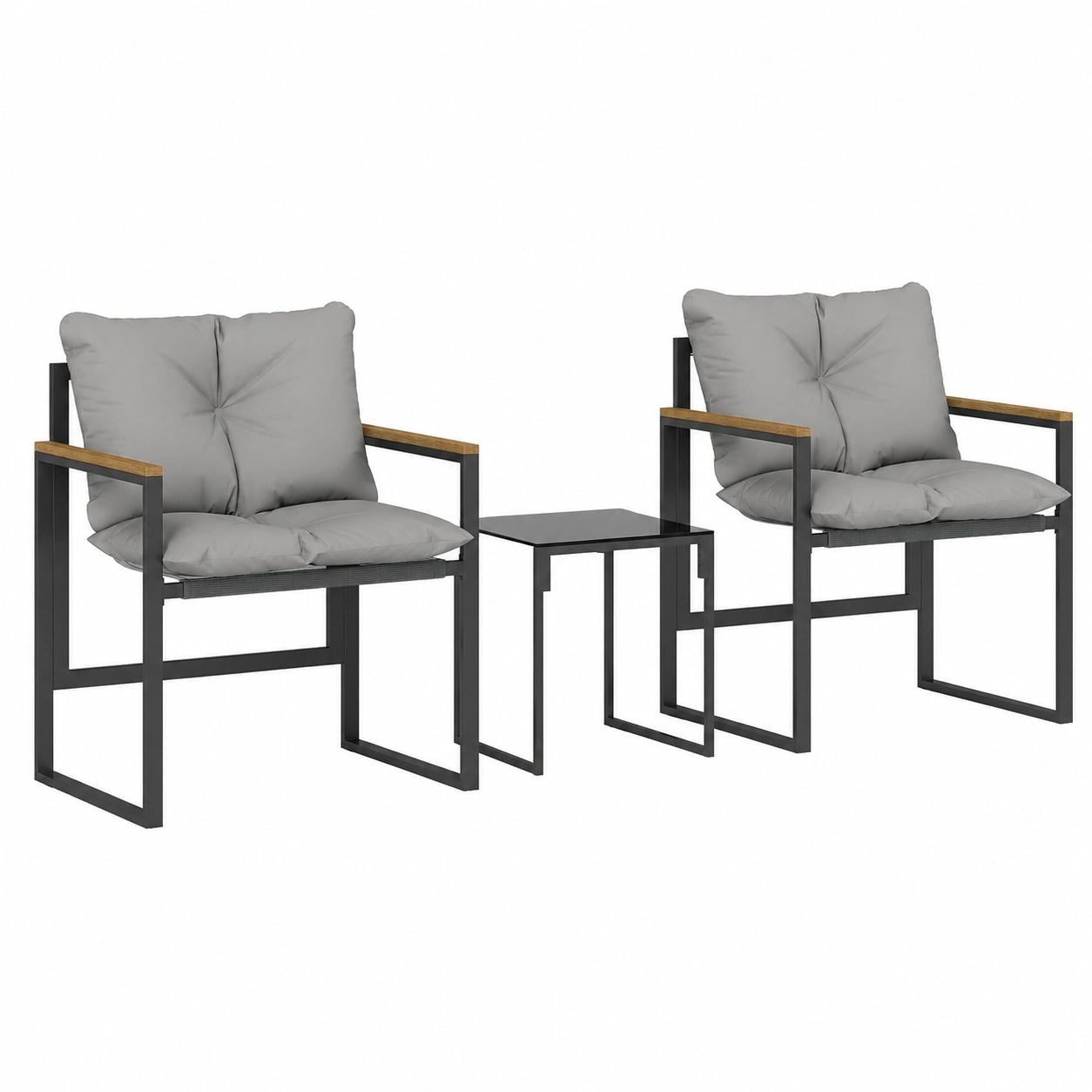 Ensemble de Jardin 3 Pièces en Métal et Textilène avec Coussins, Gris