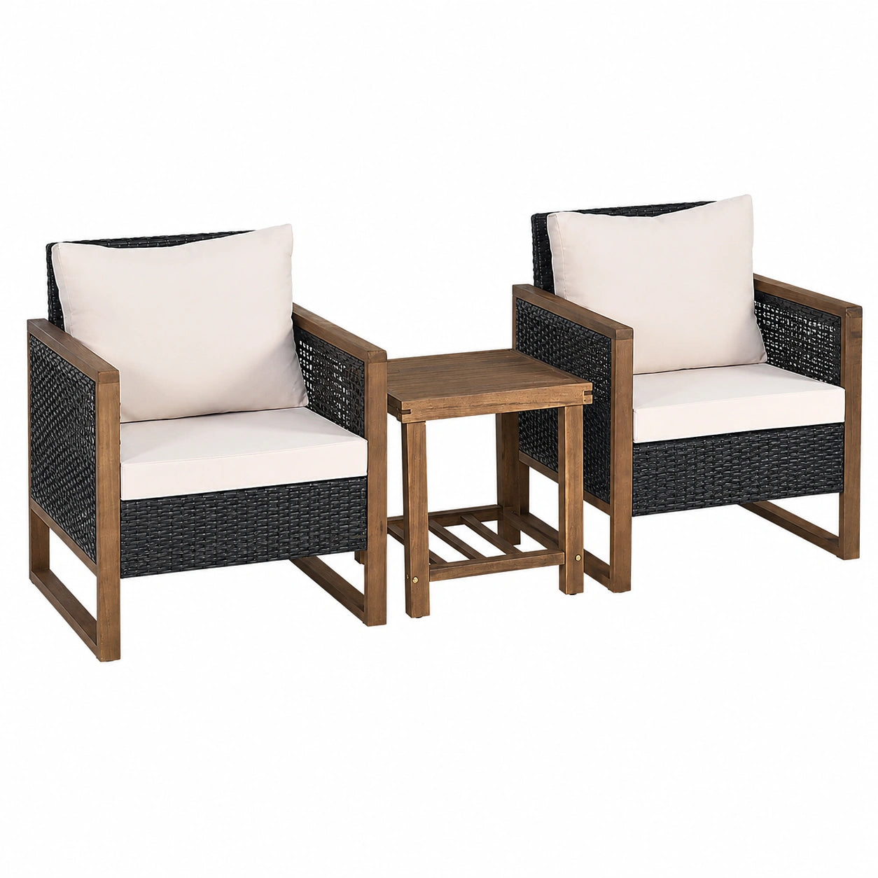 Ensemble de Mobilier d'Extérieur en Rotin avec Coussins et Table en Bois, Jardin Terrasse