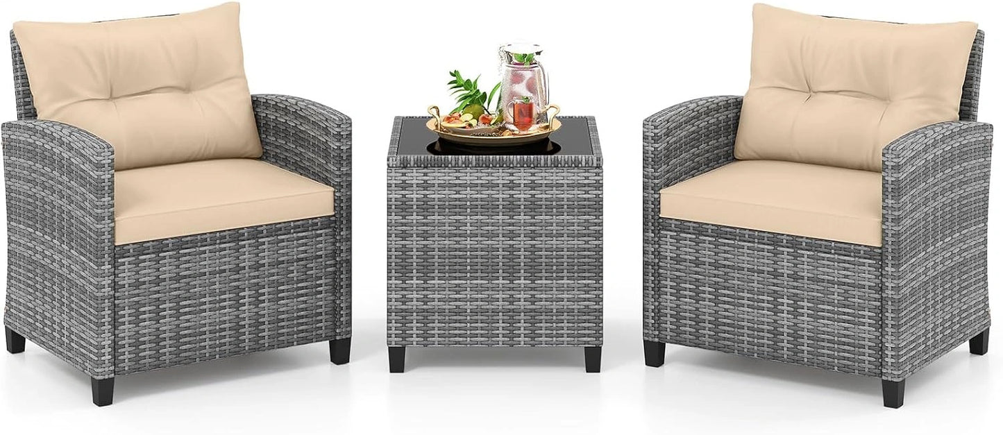 COSTWAY Mobilier de Jardin 3 Pièces en Rotin PE, Set 2 Fauteuils avec Table Basse en Verre Trempé, Coussins Amovibles, Capacité 180KG, Couleurs Gris et Beige