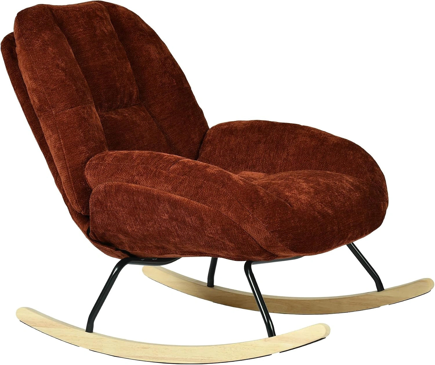 Fauteuil à Bascule Scandinave en Tissu Chenille Rouge, Chaise d'Allaitement avec Pieds en Bois d'Hévéa pour Salon ou Chambre