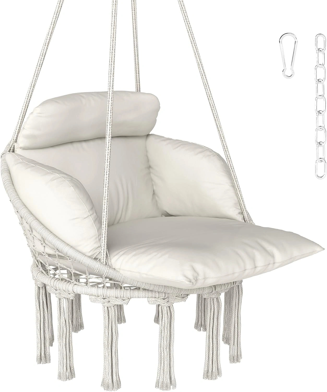 Chaise Hamac Suspendue Outsunny avec Coussin Rembourré, Fauteuil à Franges Inclus, Structure en Acier, Couleur Crème