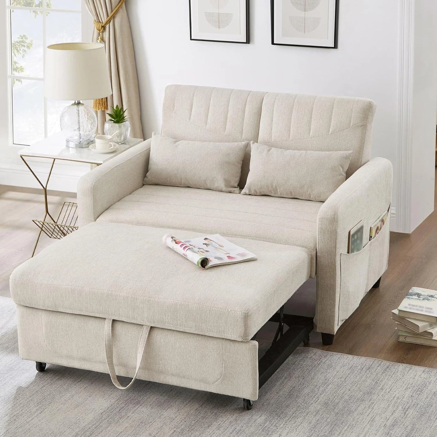 Canapé-lit Convertible 2 Places avec Dossier Réglable et Coussin en Tissu Beige