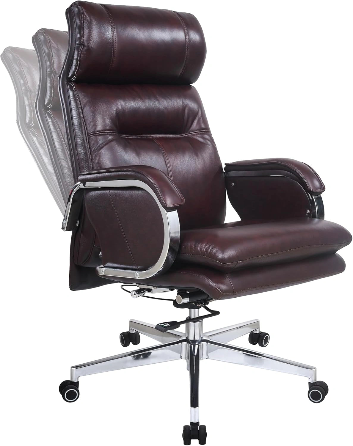 Fauteuil de Bureau Ergonomique en Cuir Véritable, Dossier Haut Réglable, Inclinaison 90-150°, Fonction Basculante, Pivotant, Charge 180KG (Marron)