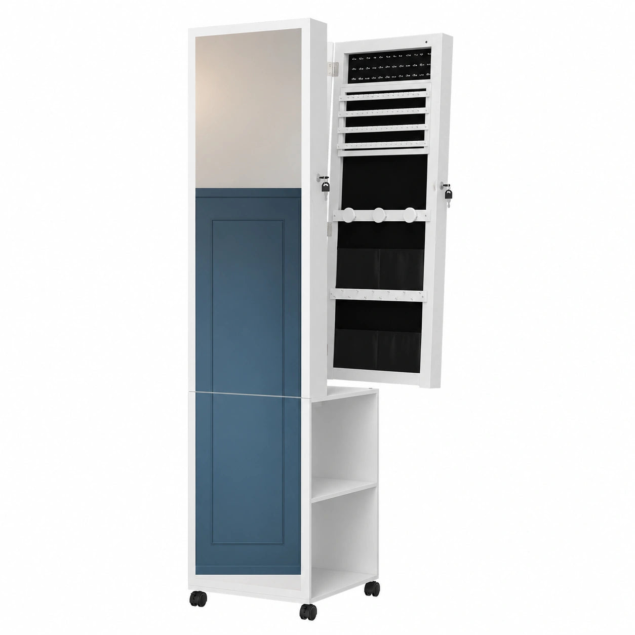 Grande armoire à bijoux sur pied avec miroir intégral et roulettes