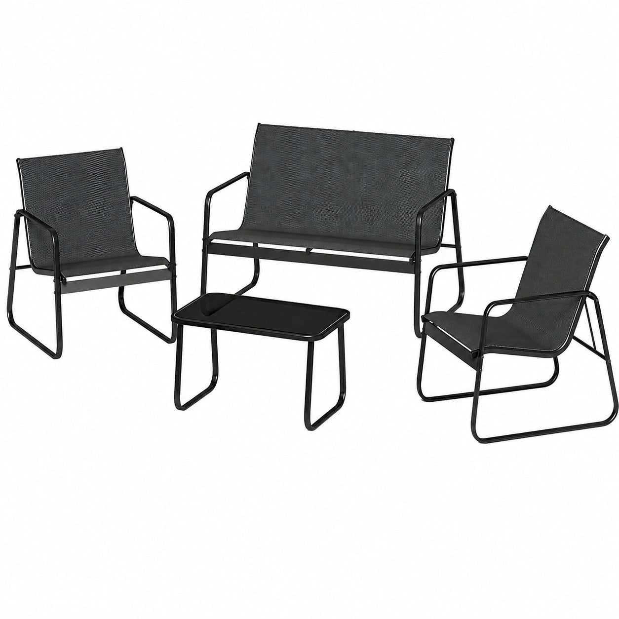 Salon de jardin extérieur 4 pièces avec fauteuils et table en verre