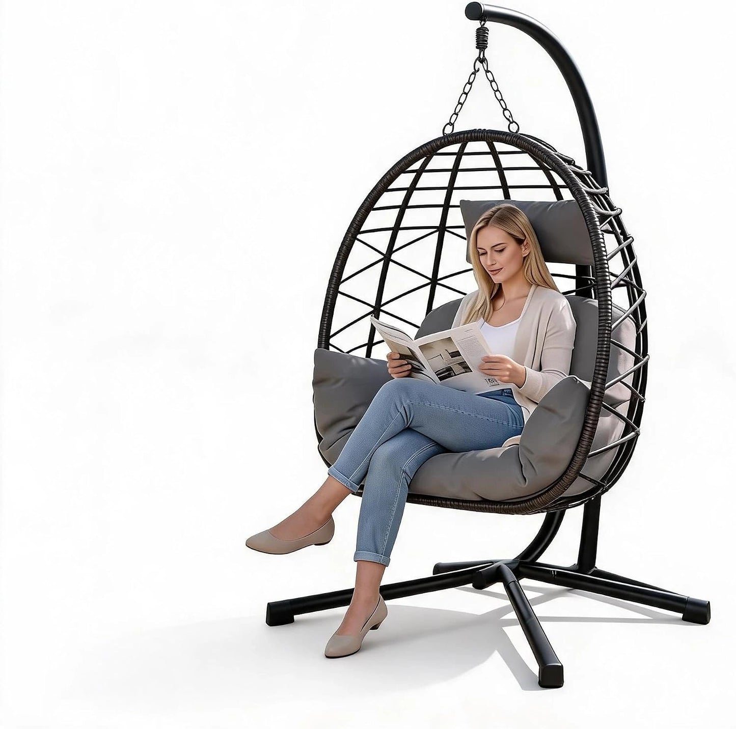 Chaise Hamac d'Extérieur avec Support en Acier, Œuf Suspendu en Rotin Résistant, Coussin Confortable, Capacité 150kg, pour Jardin et Terrasse - Gris