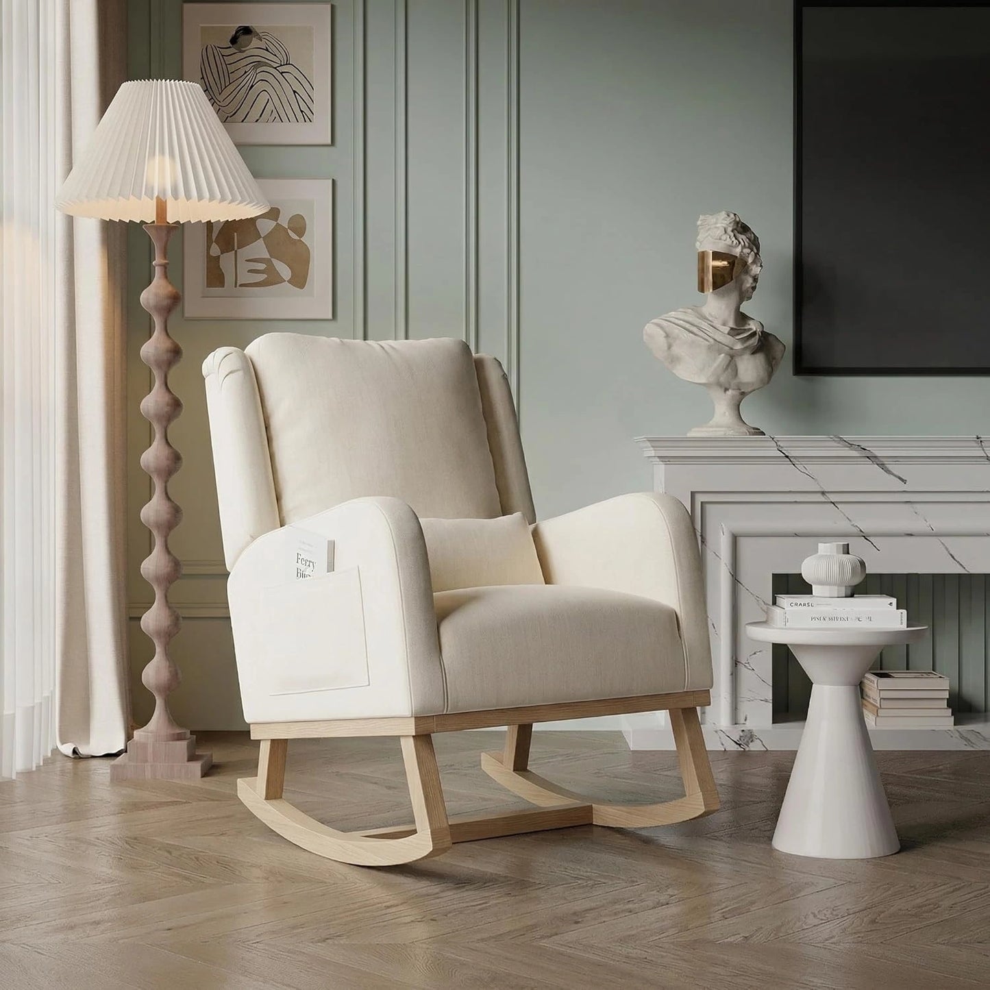 Chaise Berçante Ergonomique en Lin Beige avec Coussin, Structure en Bois Massif, pour Salon et Chambre