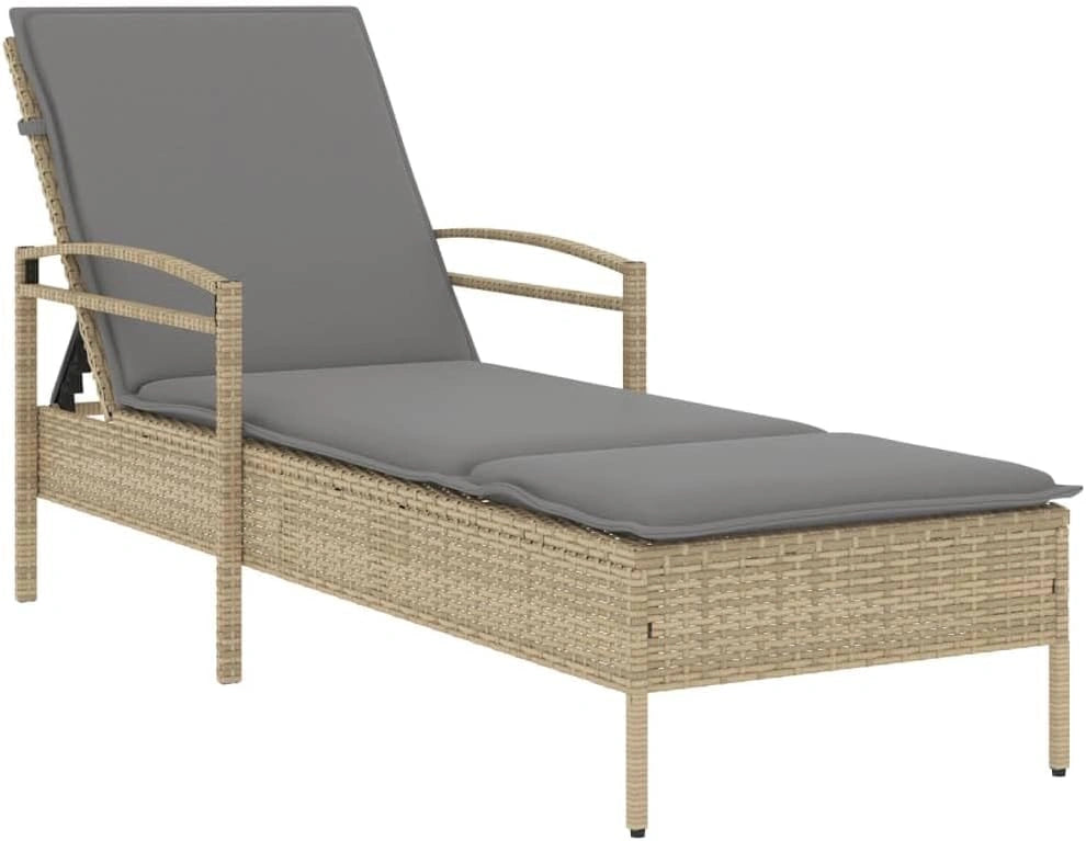 Chaise Longue de Jardin Réglable en Résine Tressée Beige avec Coussin