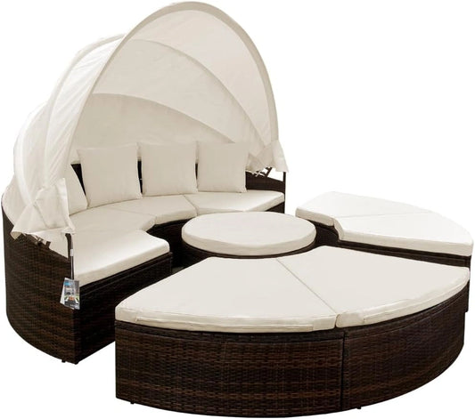 Ensemble de Jardin Rond en Polyrotin - 230 cm avec Coussins et Parasol