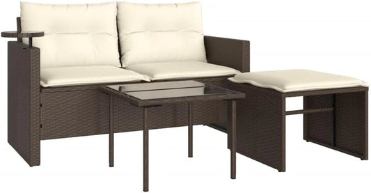 Ensemble de Mobilier de Jardin en Résine Marron avec Coussins Crème - Canapé 2 Places, Table Basse en Verre et Repose-Pieds