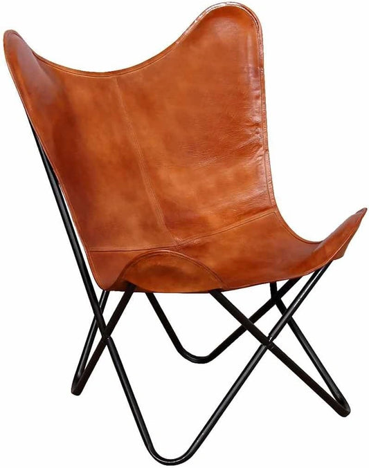 Fauteuil Papillon en Cuir Véritable Marron pour Salon et Chambre