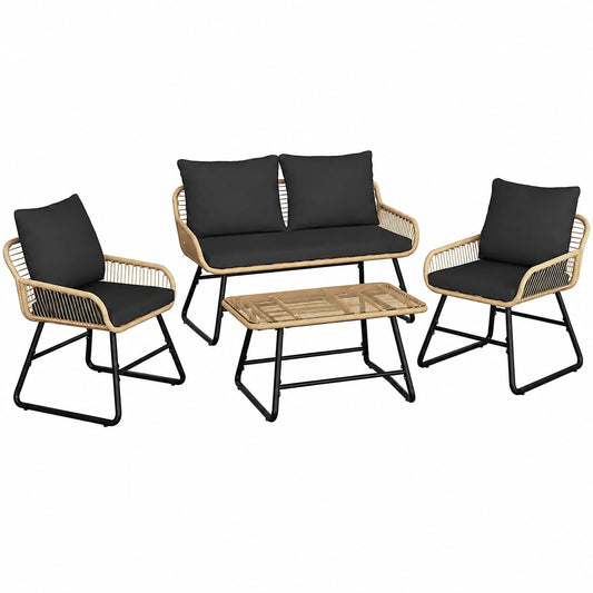 Ensemble de Salon de Jardin 4 Pièces avec Table en Verre pour Terrasse