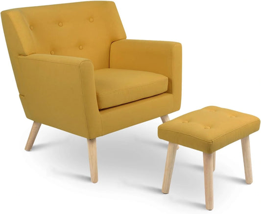 Fauteuil scandinave LIV en tissu jaune avec repose-pieds - Confort et style