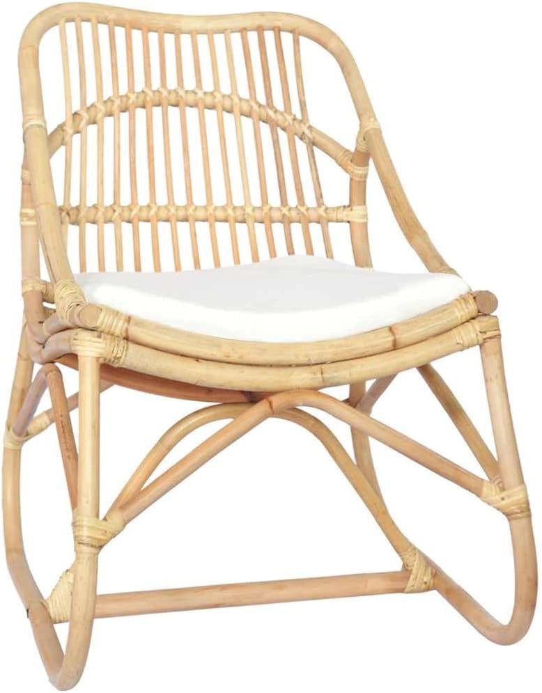 Fauteuil lounge bohème en rotin naturel avec coussin en lin crème pour salon et chambre