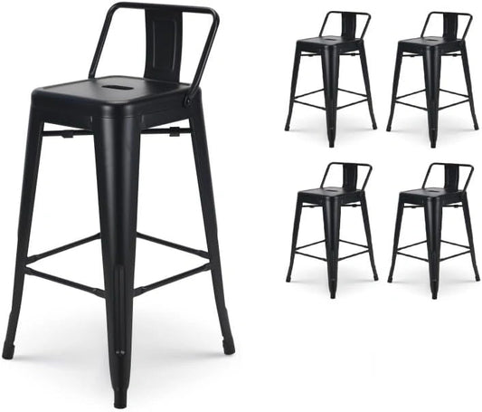 Ensemble de 4 Tabourets de Bar Métalliques Noirs avec Dossier Amovible - 66 cm - Idéal pour Cuisine et Bar