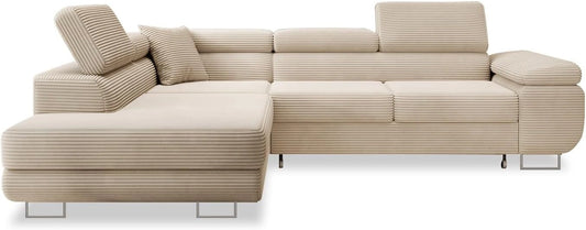 Canapé d'Angle Convertible Gauche en Velours Côtelé Beige - Modèle Marius