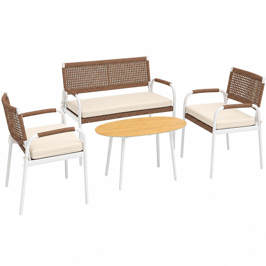 Ensemble de Salon de Jardin en Rotin 4 Pièces avec Coussins
