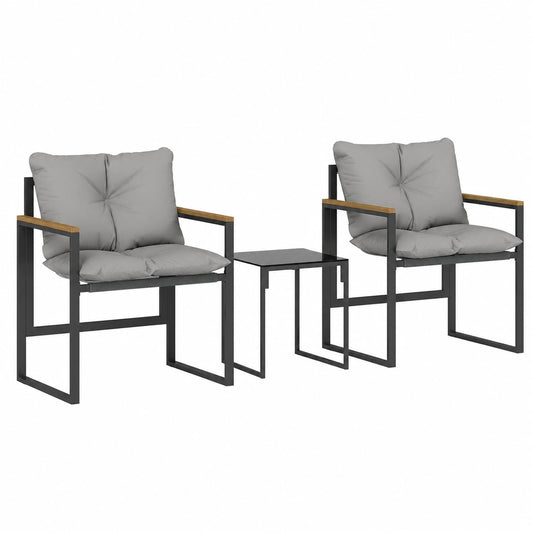 Ensemble de Jardin 3 Pièces en Métal et Textilène avec Coussins, Gris