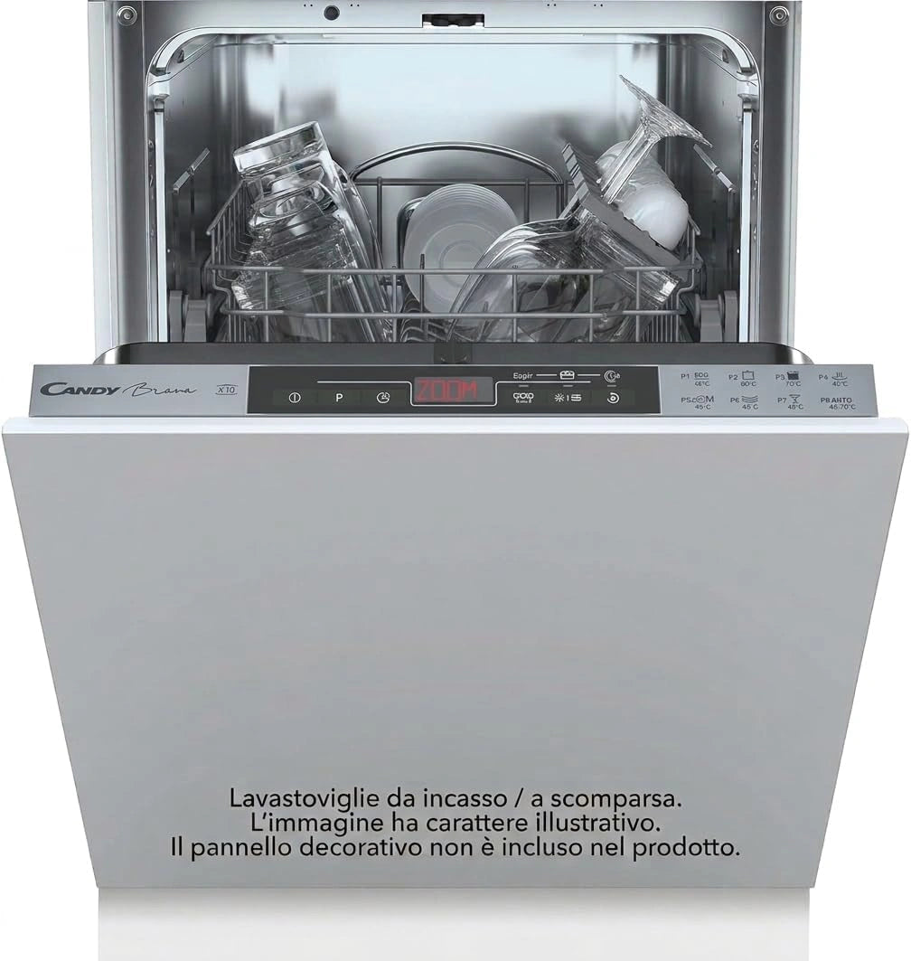 Lave-vaisselle Intégré Slim Candy Brava, 10 Couverts, 8 Programmes, Écran Tactile, Départ Différé, Argenté