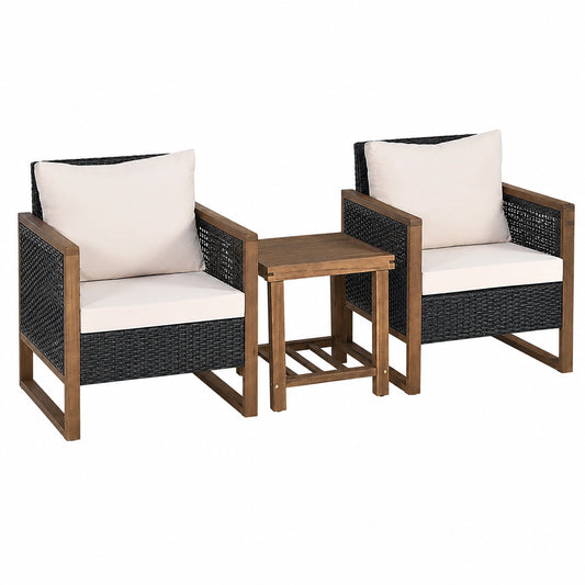 Ensemble de Mobilier d'Extérieur en Rotin avec Coussins et Table en Bois, Jardin Terrasse