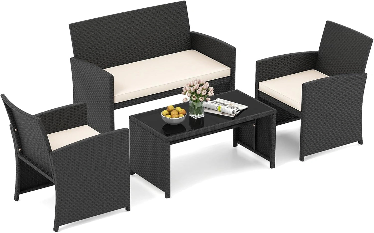 Ensemble de Mobilier de Jardin 4 Pièces en Rotin PE, Canapé 2 Places et Fauteuils avec Table en Verre Trempé, Mobilier d'Extérieur avec Coussins, Noir et Blanc