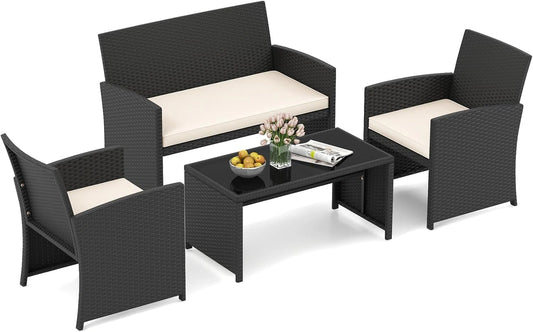 Ensemble de Mobilier de Jardin 4 Pièces en Rotin PE, Canapé 2 Places et Fauteuils avec Table en Verre Trempé, Mobilier d'Extérieur avec Coussins, Noir et Blanc
