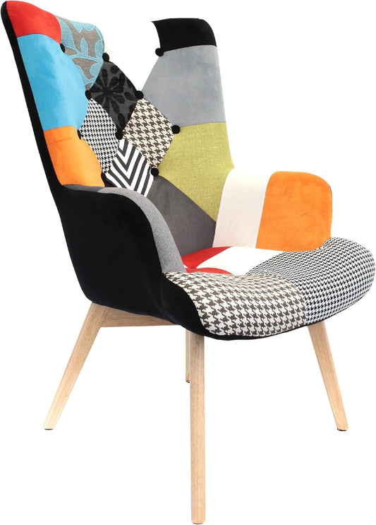Fauteuil Scandinave Patchwork Multicolore en Bois et Polyester - Confortable pour Salon et Salle à Manger - Collection Helsinki