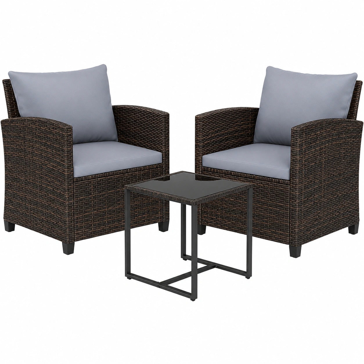 Ensemble de Mobilier de Jardin en Rotin pour 2 Personnes, avec Coussins et Table en Verre