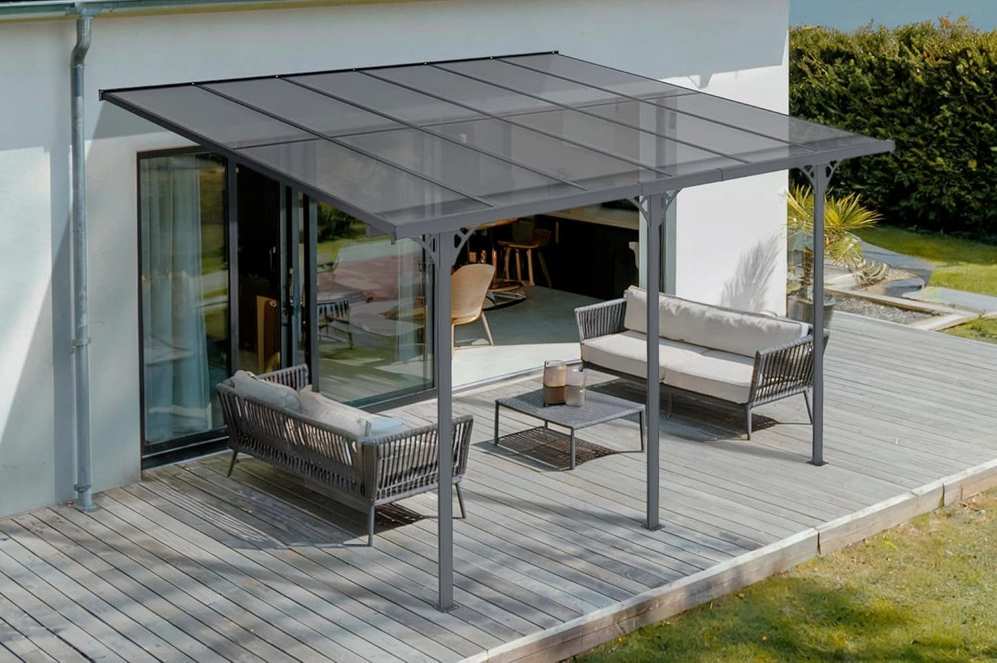 Carport en Aluminium Adossé pour Terrasse, 374x300 cm, Design Moderne, Gris Anthracite, Protection UV, Toit en Polycarbonate