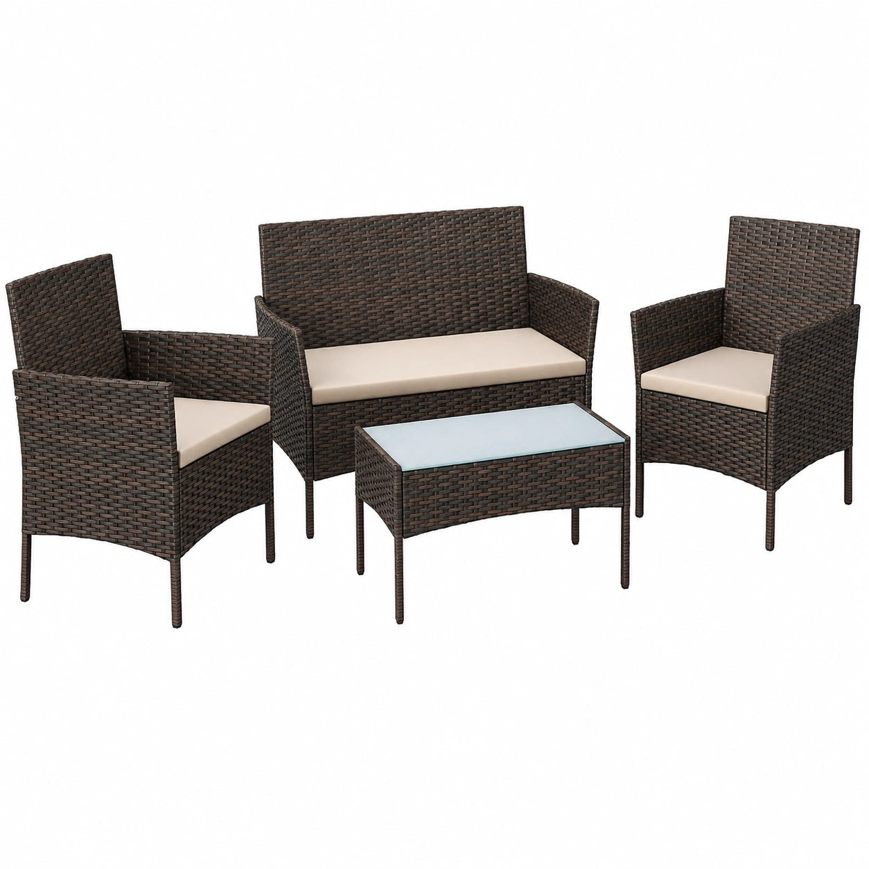 Ensemble de Mobilier de Jardin 4 Places en Résine Tressée, Table, Chaises et Banquette, Marron et Taupe