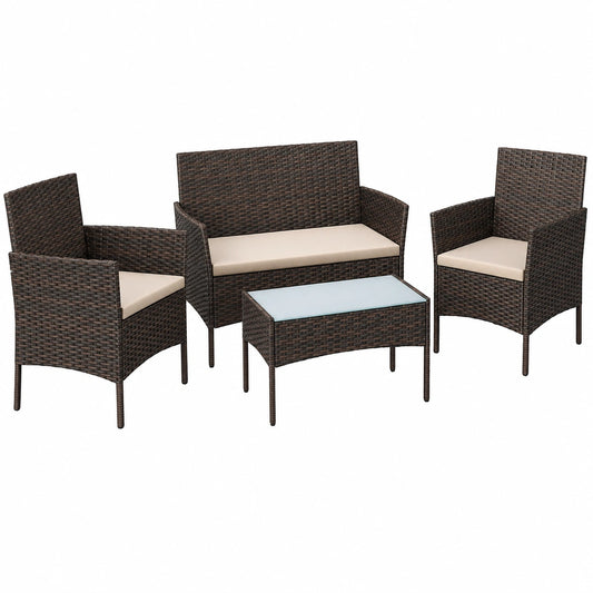Ensemble de Mobilier de Jardin 4 Places en Résine Tressée, Table, Chaises et Banquette, Marron et Taupe