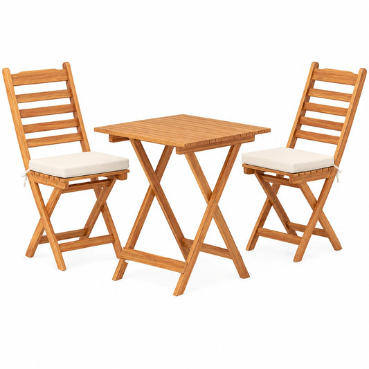 Ensemble de Salon de Jardin en Bois pour Balcon, 3 pièces Pliables