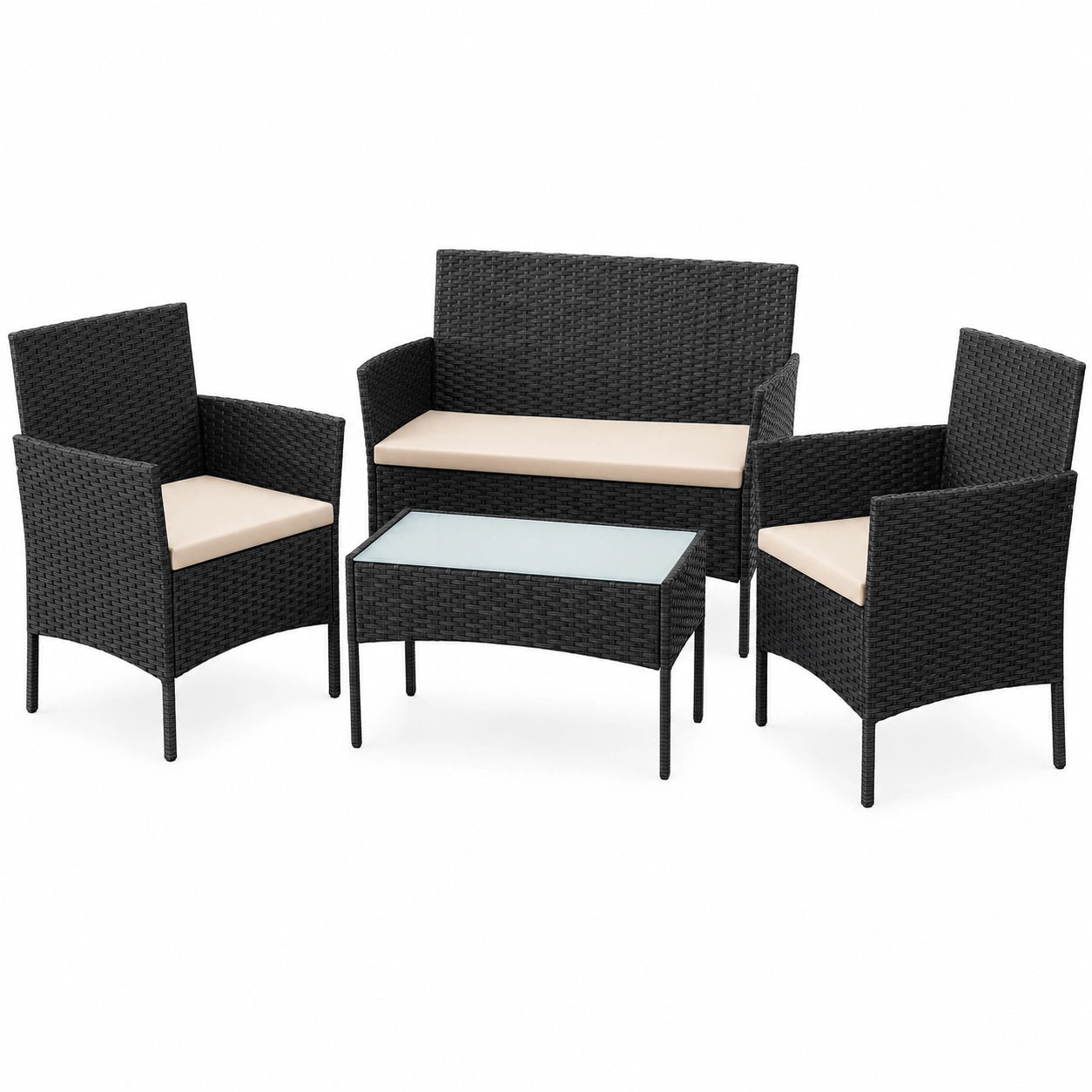 Ensemble de Mobilier de Jardin 4 Places en Résine Tressée, Idéal pour Patio et Balcon, Comprend Table, 2 Fauteuils et Banquette 2 Places, Noir et Taupe