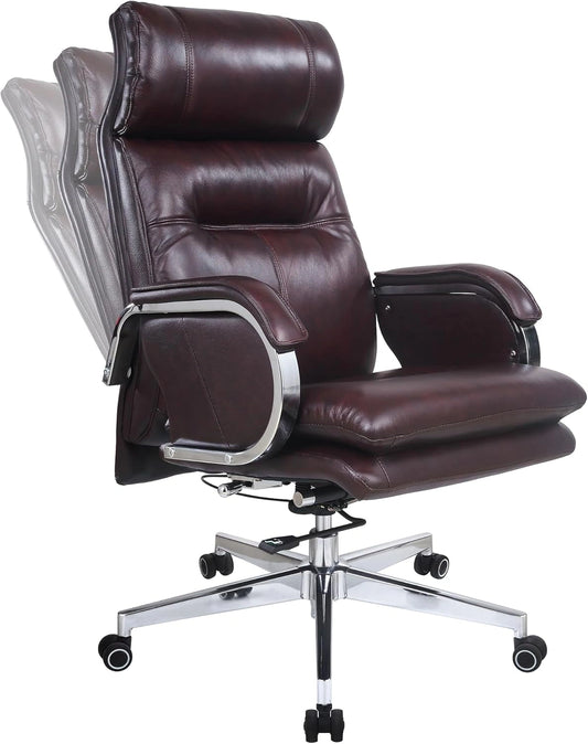 Fauteuil de Bureau Ergonomique en Cuir Véritable, Dossier Haut Réglable, Inclinaison 90-150°, Fonction Basculante, Pivotant, Charge 180KG (Marron)
