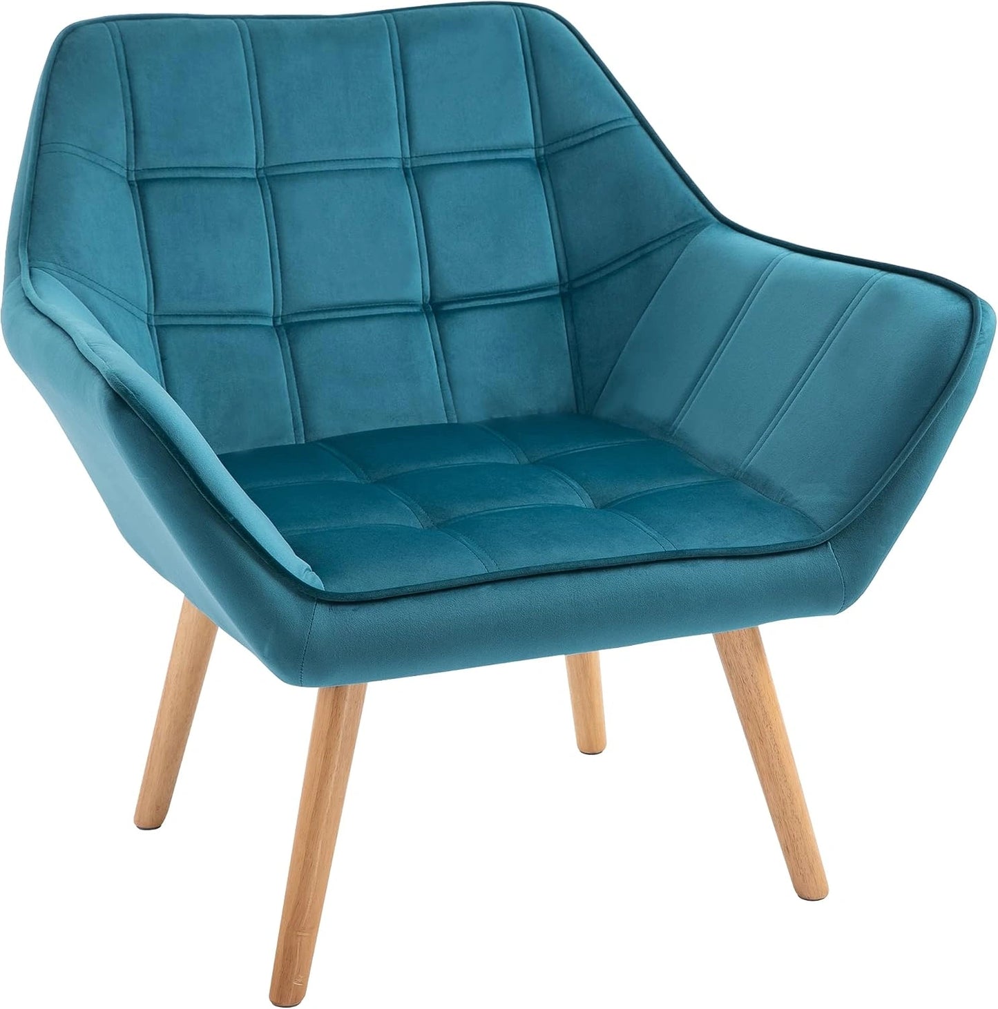 Fauteuil Scandinave Bleu en Velours avec Pieds en Bois et Accoudoirs Rembourrés