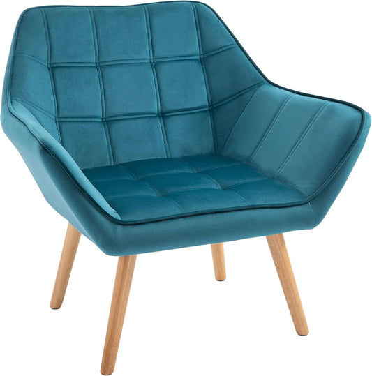 Fauteuil Scandinave Bleu en Velours avec Pieds en Bois et Accoudoirs Rembourrés