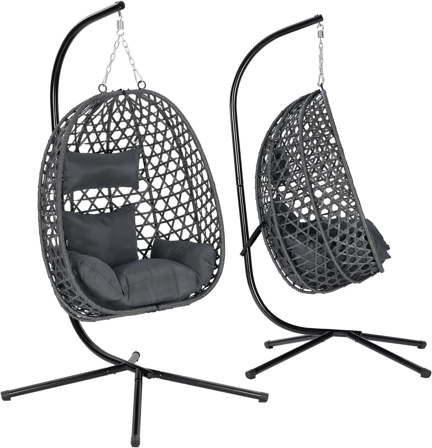 WOLTU Fauteuil Suspendu en Rotin avec Support Métal et Coussin, Capacité 150 kg, pour Jardin et Terrasse, Gris