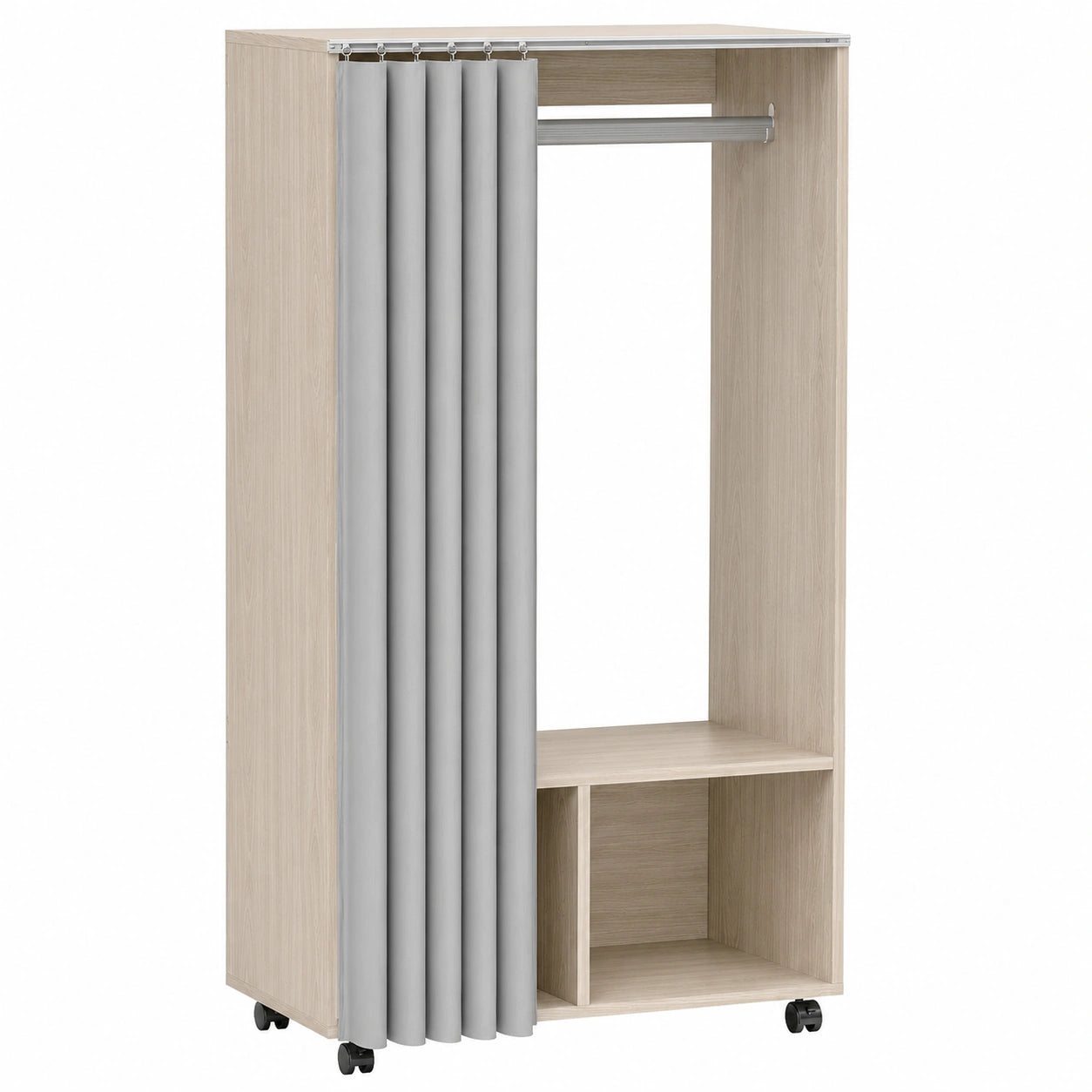 Armoire mobile avec étagères et rideau, 4 roulettes, penderie avec tringle