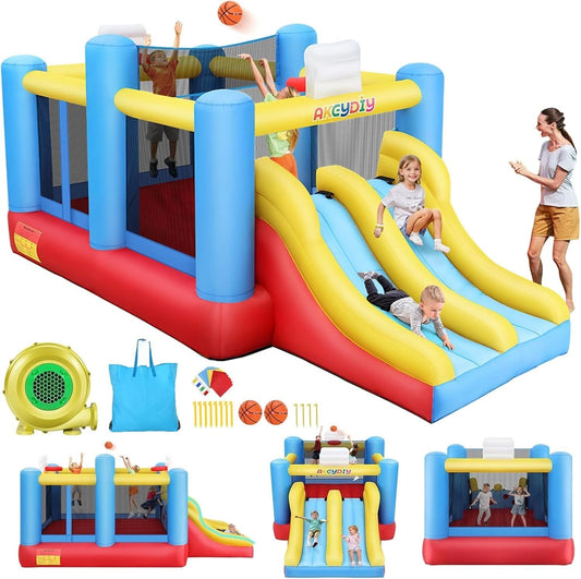 Aire de jeux gonflable pour enfants 3-12 ans, 4,6 x 2,4 m, avec toboggan et panier de basket, tissu Oxford durable