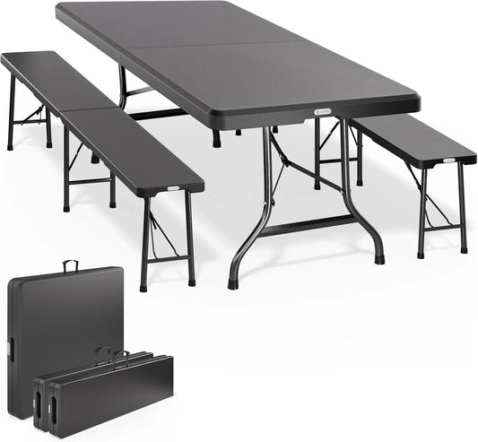 Ensemble Table Pliante avec 2 Bancs 180 cm pour 8 Personnes, Idéal pour Jardin, Camping et Pique-Nique