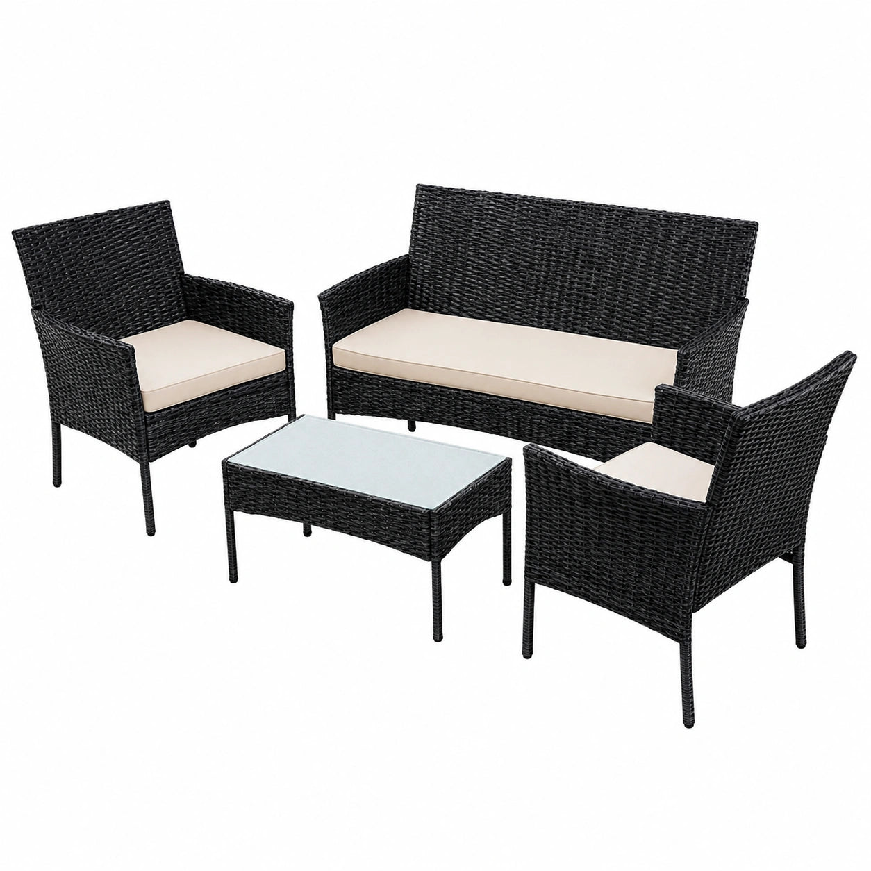 Ensemble de Salon de Jardin 4 Places en Rotin Synthétique avec Table et Coussins