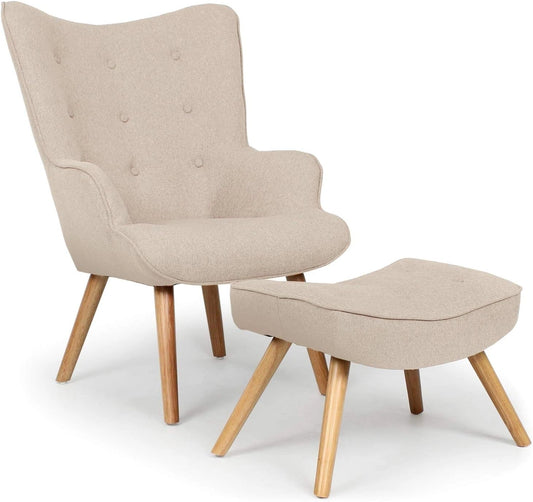 Fauteuil Scandinave avec Pouf en Tissu Beige et Pieds en Bois pour Salon, Chambre ou Bureau