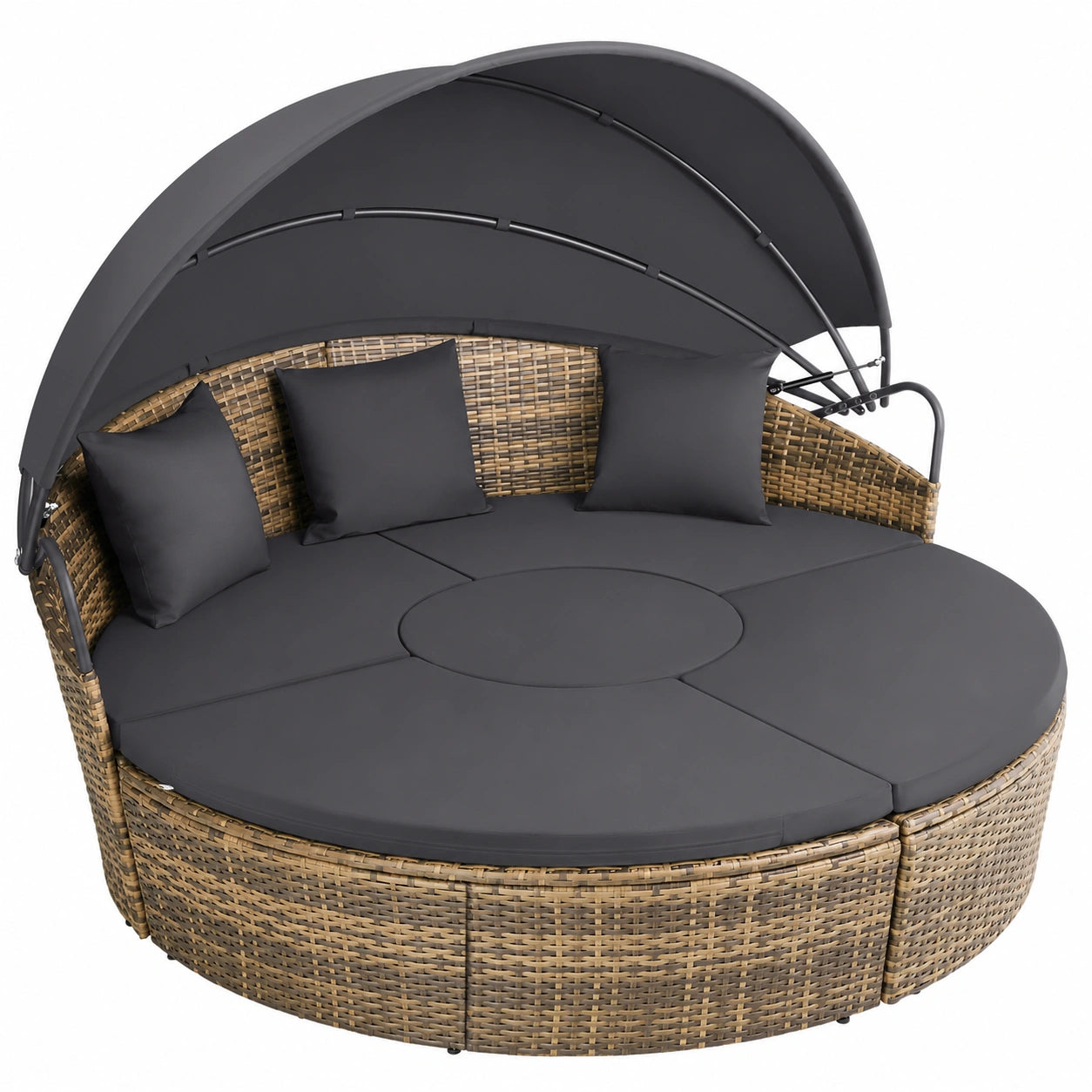 Chaise longue de jardin modulable en résine tressée avec pare-soleil pliable et coussins