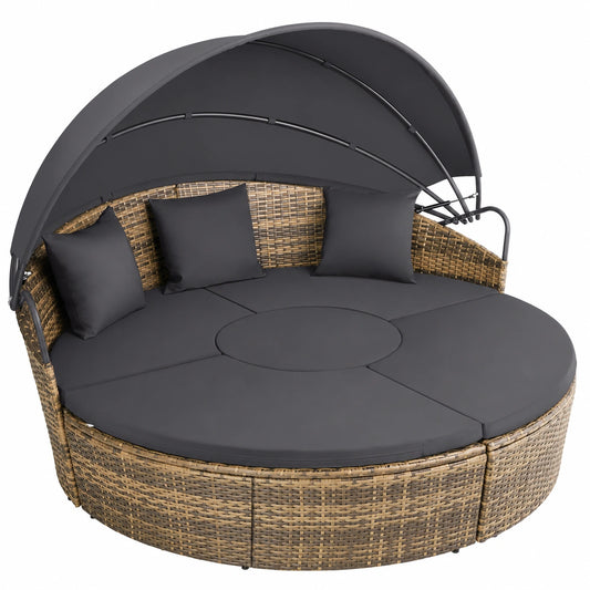 Chaise longue de jardin modulable en résine tressée avec pare-soleil pliable et coussins