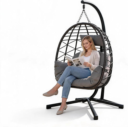 Chaise Hamac d'Extérieur avec Support en Acier, Œuf Suspendu en Rotin Résistant, Coussin Confortable, Capacité 150kg, pour Jardin et Terrasse - Gris