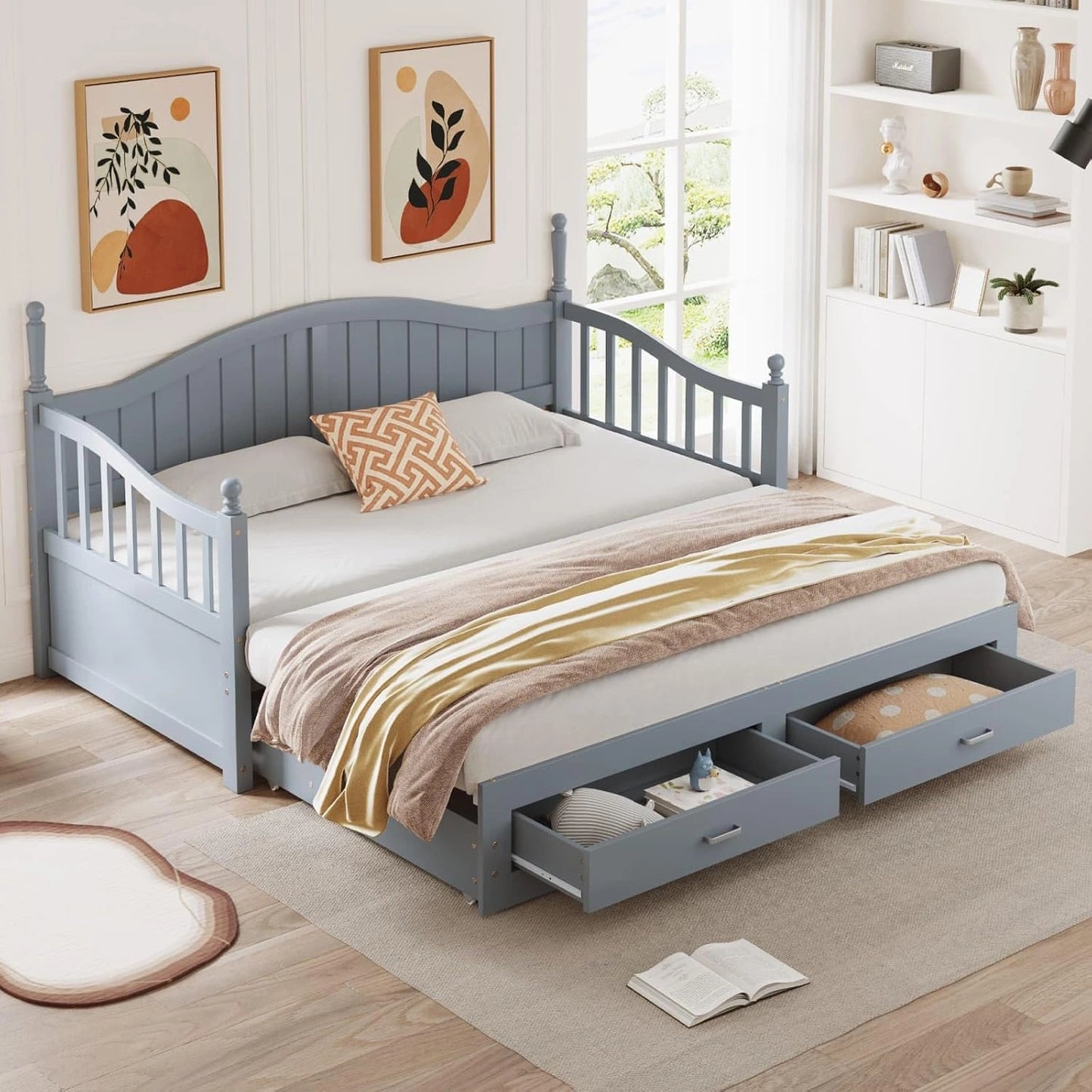 Canapé-Lit Convertible 90/180x190cm avec Tiroirs de Rangement et Sommier à Lattes, Design Multifonction Gris