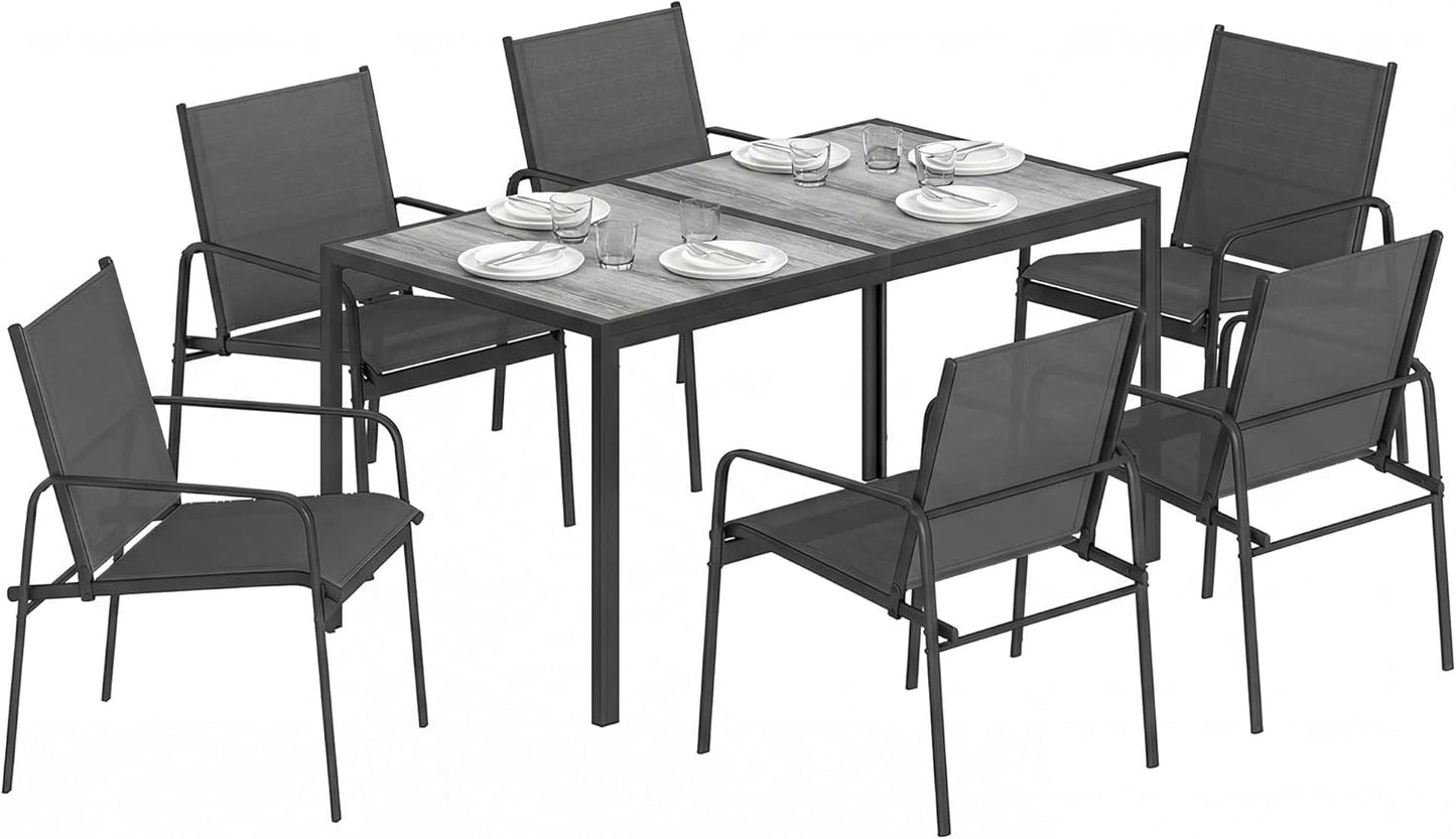 Ensemble Repas Extérieur 7 Pièces pour 6 Personnes, Table Imitation Bois et Chaises en Maille Aérée, Mobilier de Jardin en Acier Noir